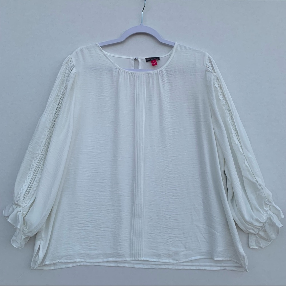 New VINCE CAMUTO Lace Inset Ruffle Sleeve Blouse Women New Ivory Size XL